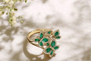 Emeralds and Diamond Butterfly Ring